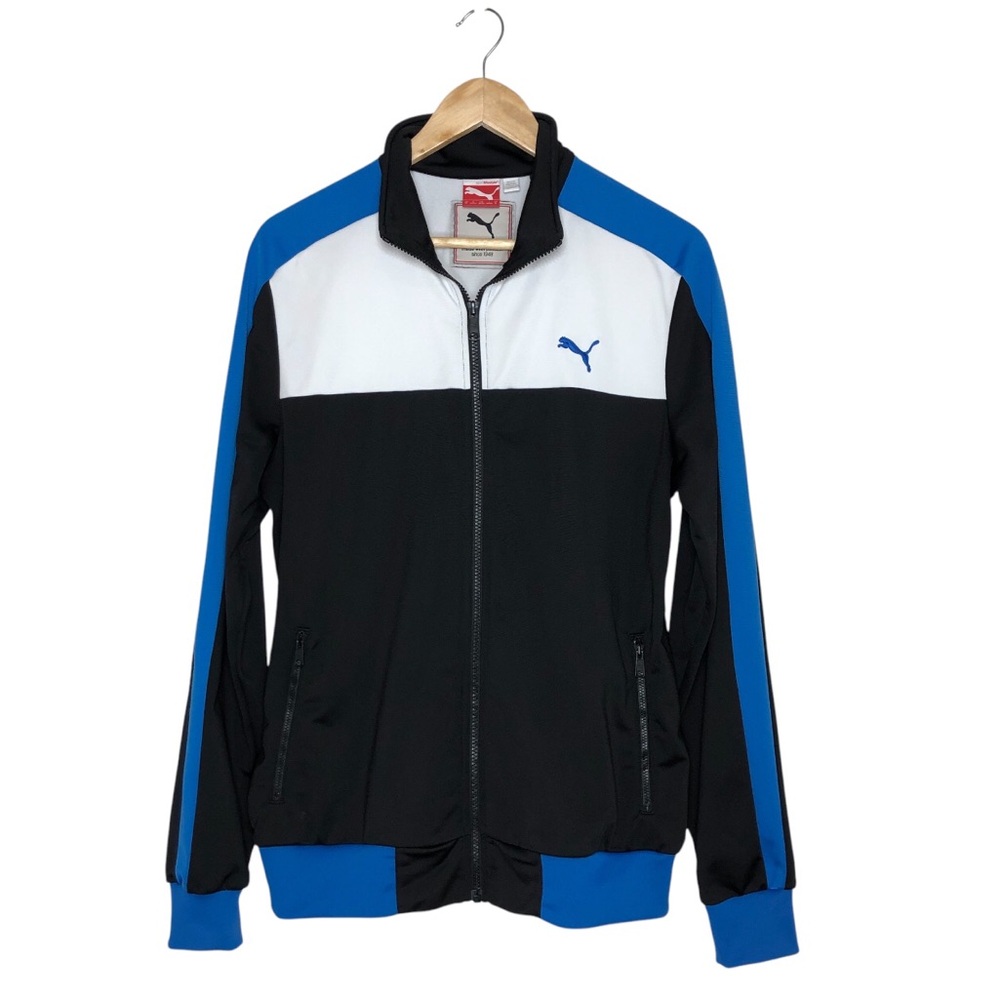 PUMA Mens Color Block Black White Blue Full Zip Pockets Athletic Track Jacket M